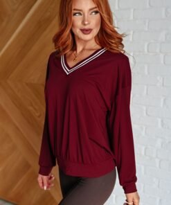 All Out Comfort V-Neck Pullover in Red Merlot Ave Shops