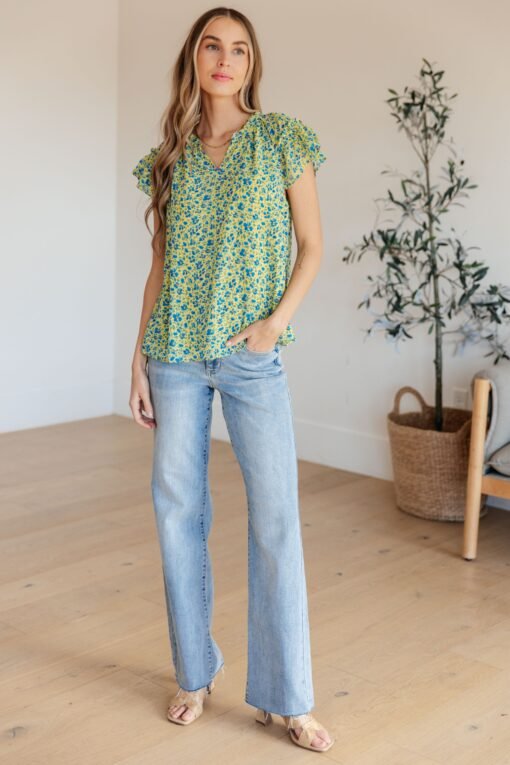Anywhere We Go Flutter Sleeve Top in Blue Combo - Fashion Are Us