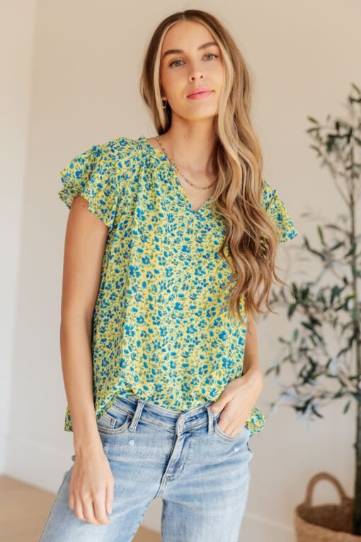 Anywhere We Go Flutter Sleeve Top in Blue Combo - Fashion Are Us